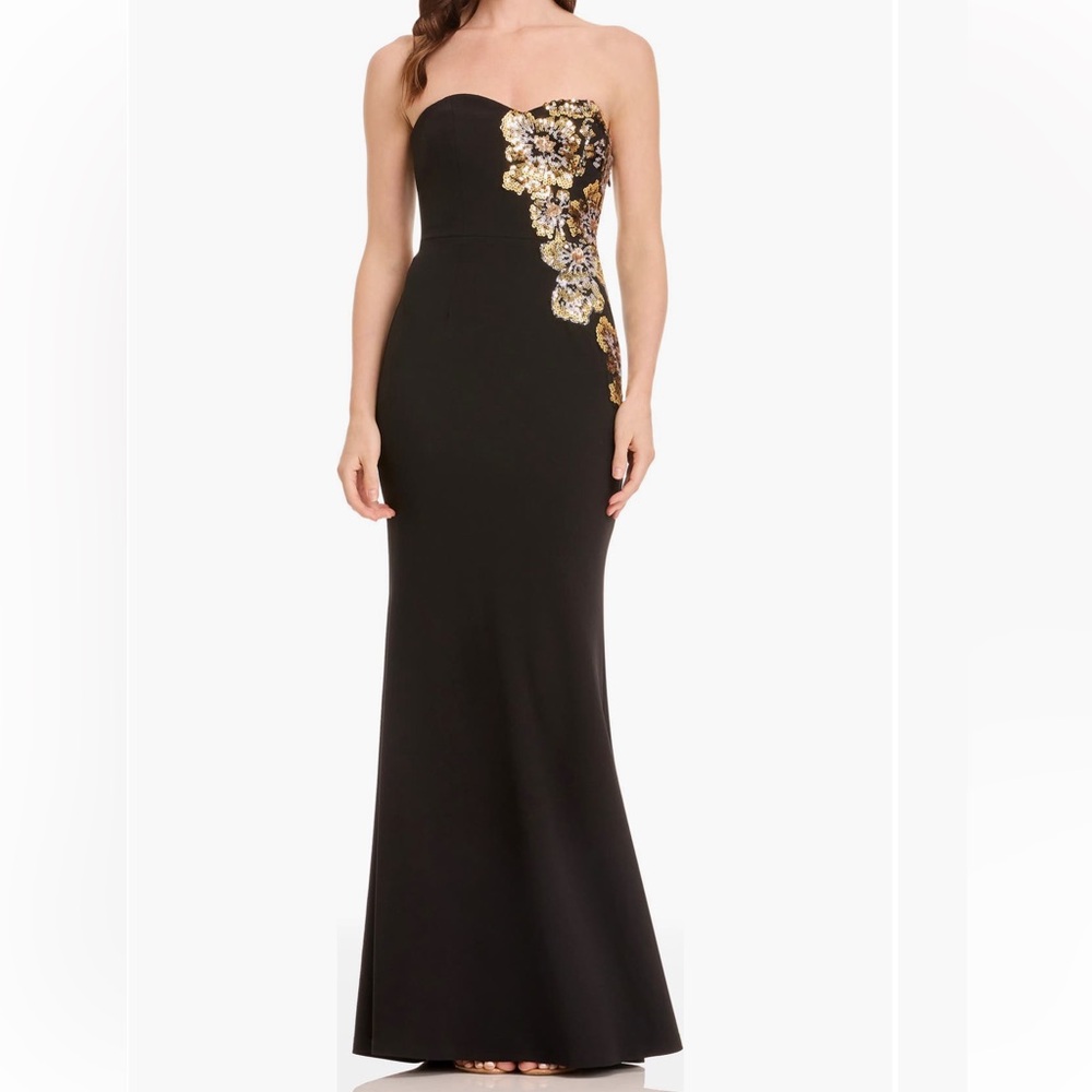 Dress the Population Black Strapless Maxi Gown with Gold Floral Embellishment